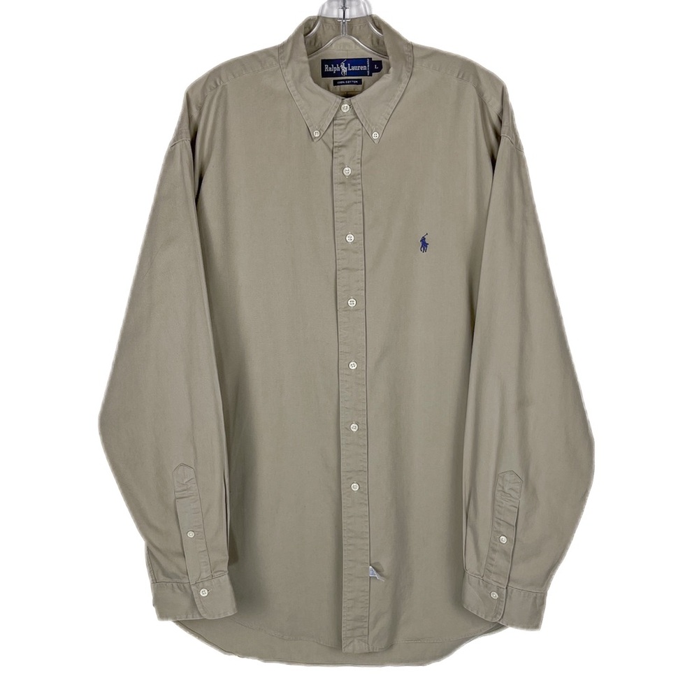 Vintage Ralph Lauren Mens Large Khaki Cotton Button Up Shirt Blue Pony 90s